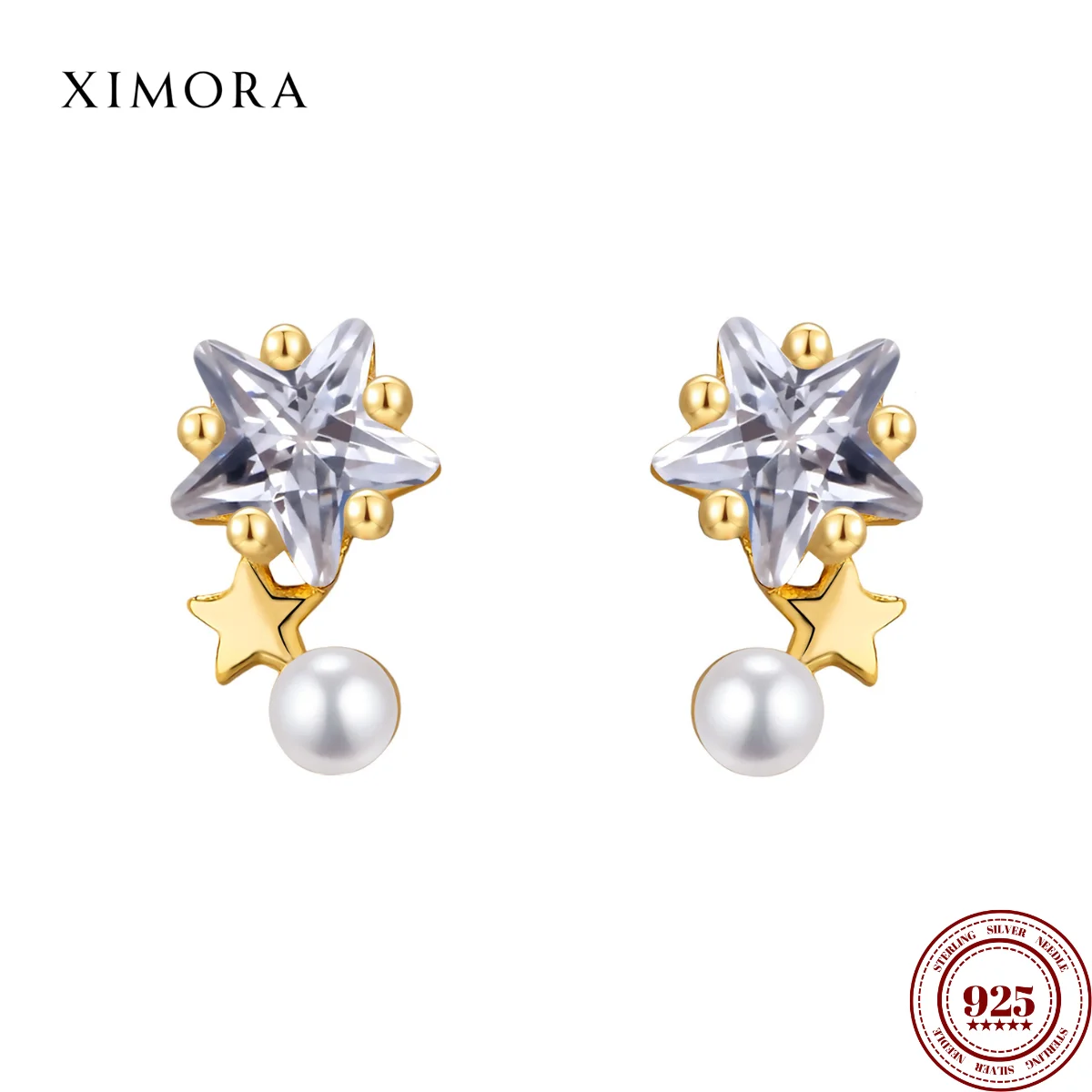 

XIMORA S925 Sterling Silver with 18K Gold PlatingZirconia-Set Five-Pointed Star Pearl Earring for Women - Sparkling Fashion Stud