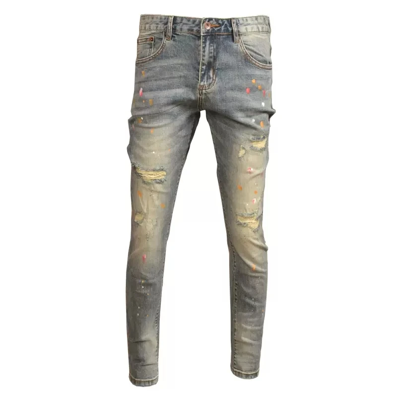 Street Fashion Männer Jeans Retro Waschen Elastische Slim Fit Zerrissene Jeans Männer Loch Hosen Vintage Designer Gemalt Denim Hosen Hombre