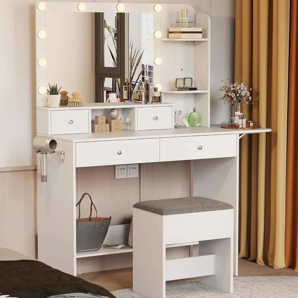 Vanity Desk with Mirror and Lights, Makeup Vanity with 4 Drawers and Cushioned Stool, 3 Lighting Modes Brightness Adjustable