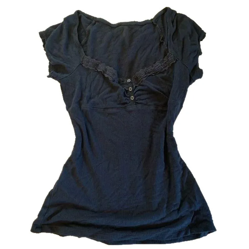Women's Retro Square Neck Short Sleeve Loose Fit Solid Color T Shirt Wrinkle Resistant Patchwork Women's T-shirts And Polos