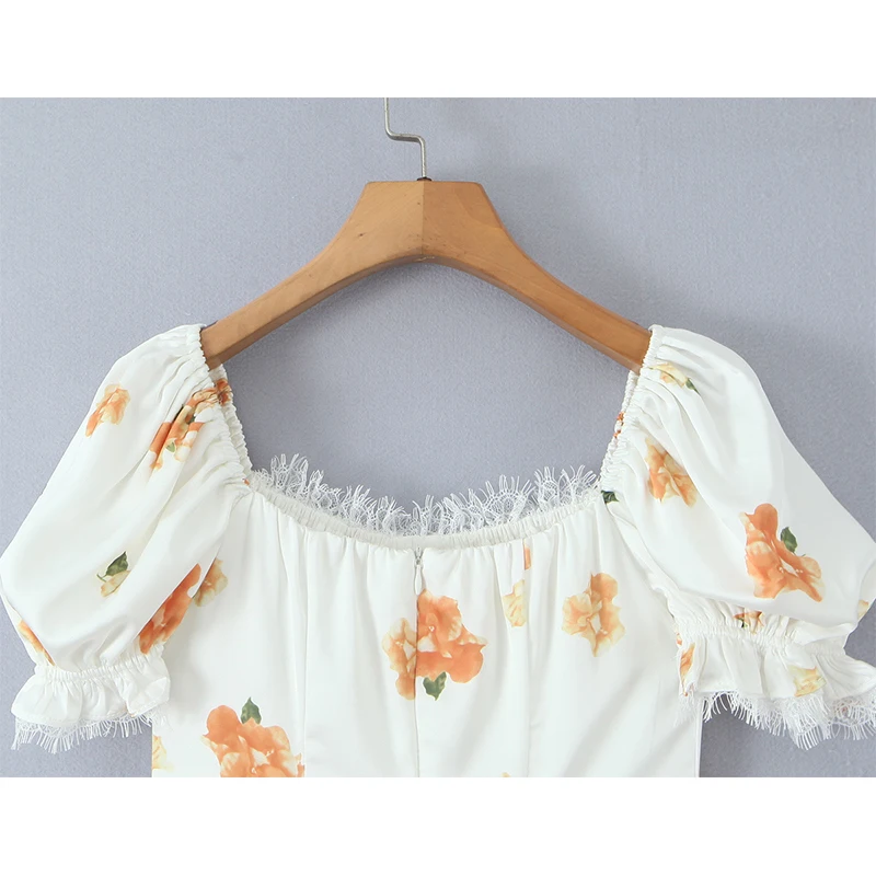 YENKYE Lace Spliced Stampa floreale Elegante A-line Abiti estivi Donna Vintage Manica a sbuffo Vacanza Casual Abito corto 2025 Robe