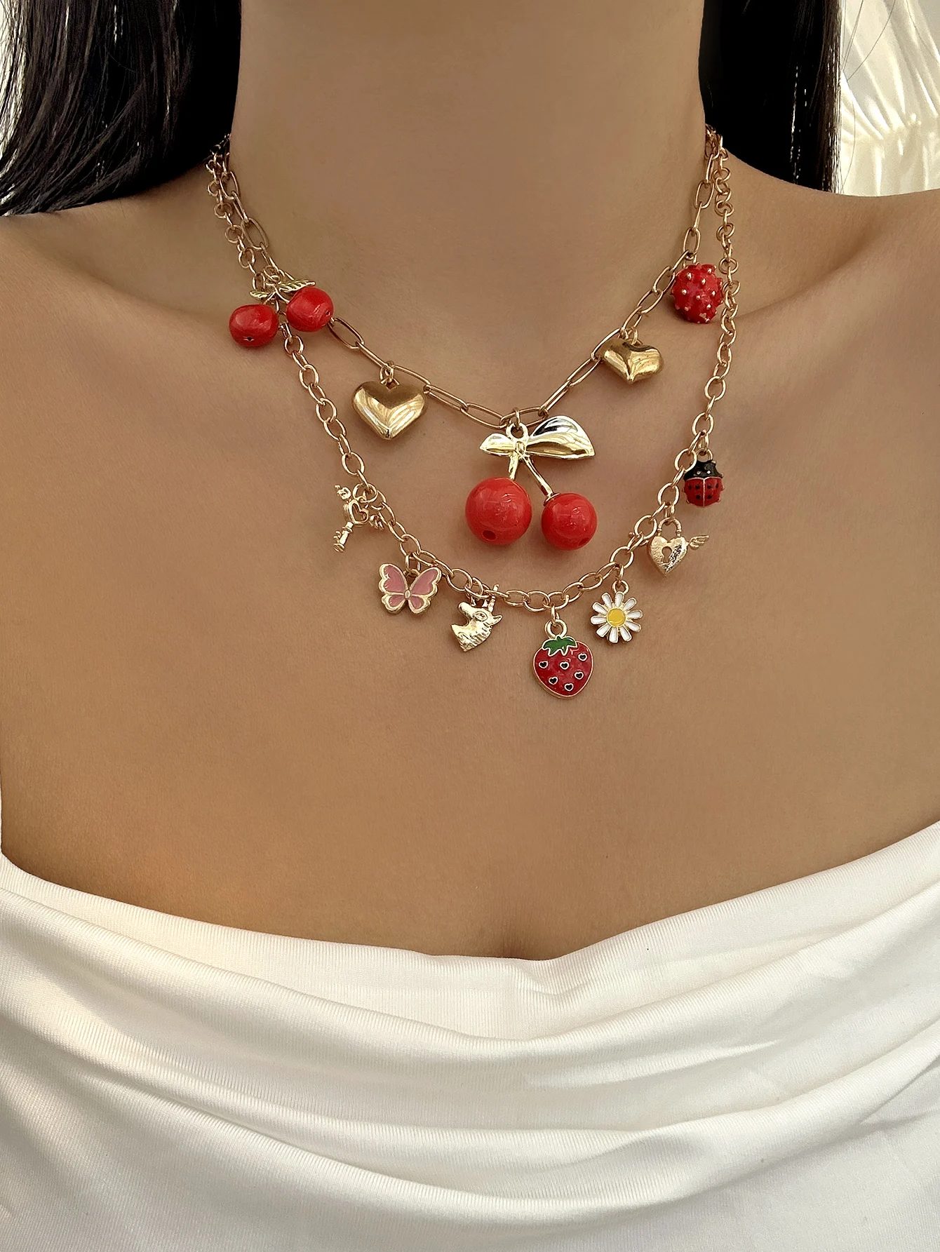 2026 Mode Charme Kirsche Herz Anhänger Halskette für Frauen Rote Erdbeere Bogen Perle Schlüsselbein Kette Ästhetischen Partei Schmuck – Detail 13