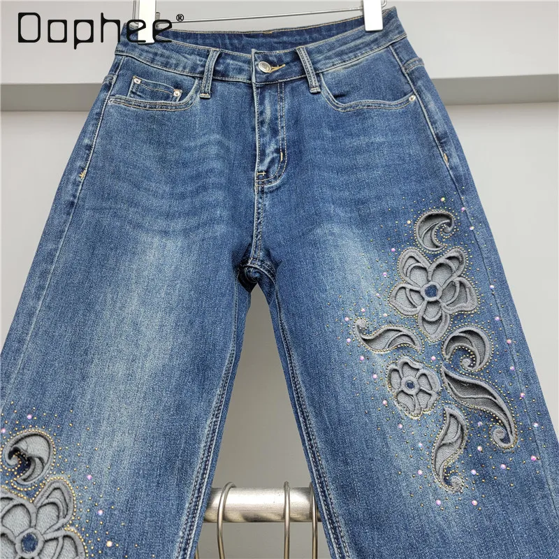 

Autumn New Flower Hollow Elastic Hot Diamond Nine-point Pants Fashion Loose High Waist Slim Ripped Jeans for Women Jeans Woman