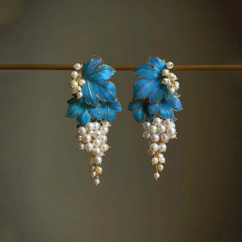 

Ancient braised blue stud earrings, new Chinese retro imitation pearl drop glaze earrings