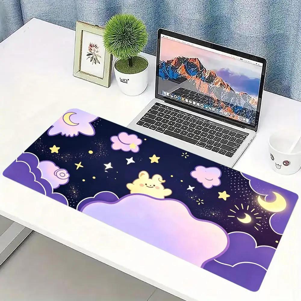 Night Sky Star Moon Print Gaming Mouse Pad Large Desk Mat Anti-Slip Rubber Base Stitched Edge Keyboard Mat For Gamers Desktop