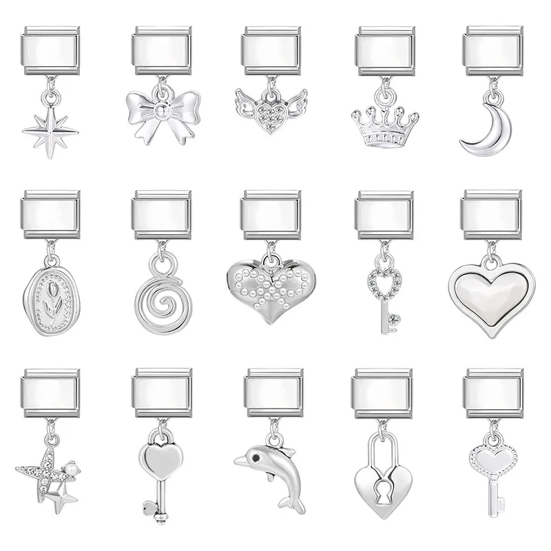2025 New Original Luxury Zircon Love Heart Moon Stars Bows Italian Charm Links Fit 9mm Bracelet Stainless Steel Jewelry Making