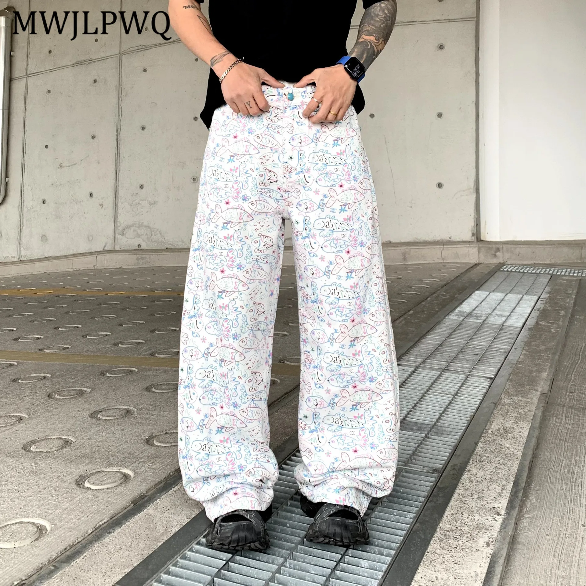 

MWJLPWQ Высококачественные широкие джинсы с принтом граффити, унисекс, осень 2023, новые модные прямые универсальные брюки в американском стиле, новинка 11398