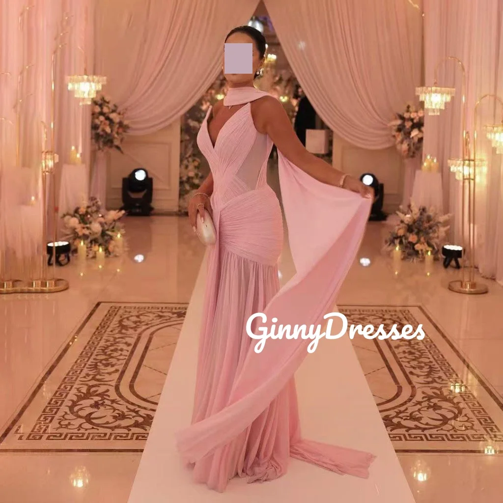 

A-Line Customize Ruffle Evening Dress V-Neck Floor-Length Dresses For Special Events Zipper Up Chiffon Sleeveless Cocktail Dress