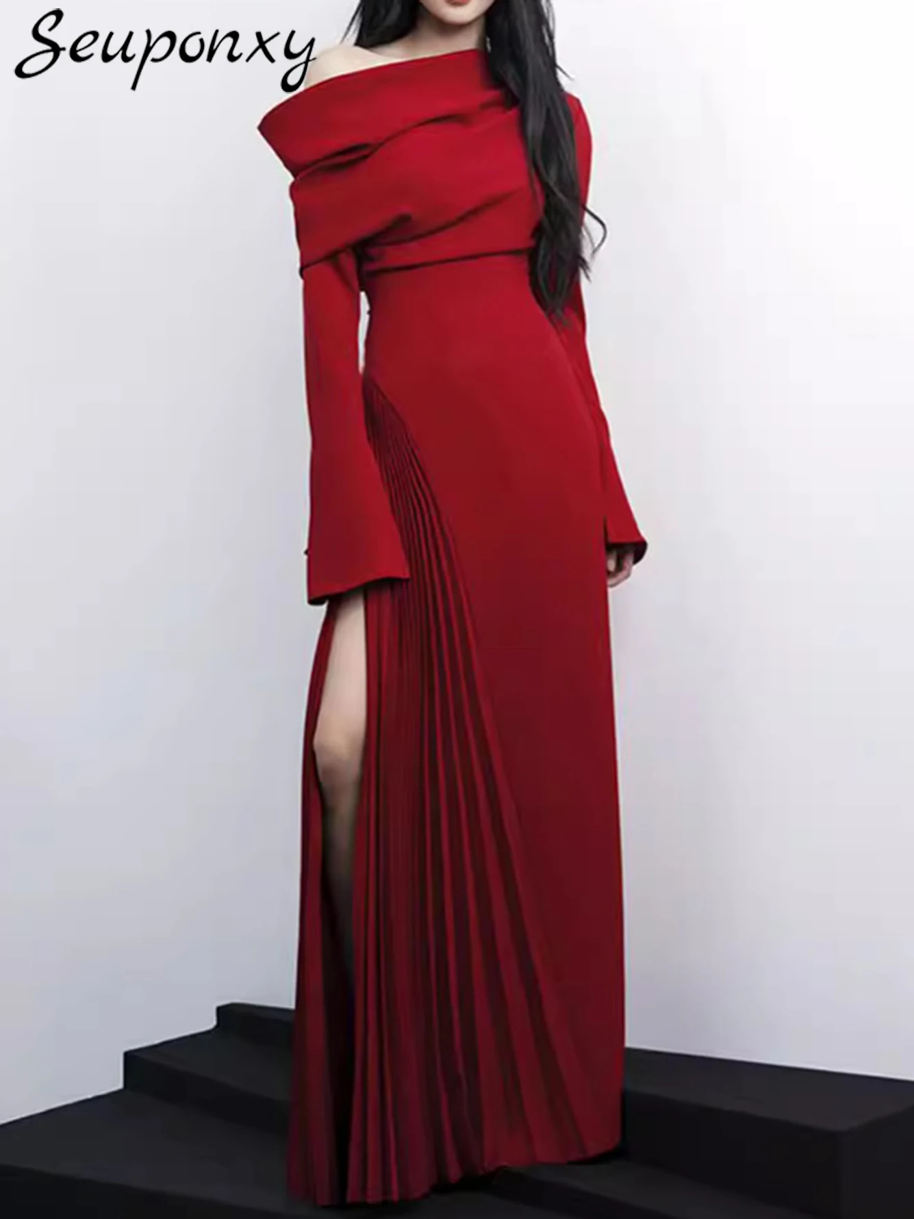 High Quality Women'S Red Maxi Dress 2024 New Sexy Off Shoulder Speaker Long Sleeved Draped Elegant Birthday Party Dress Vestidos