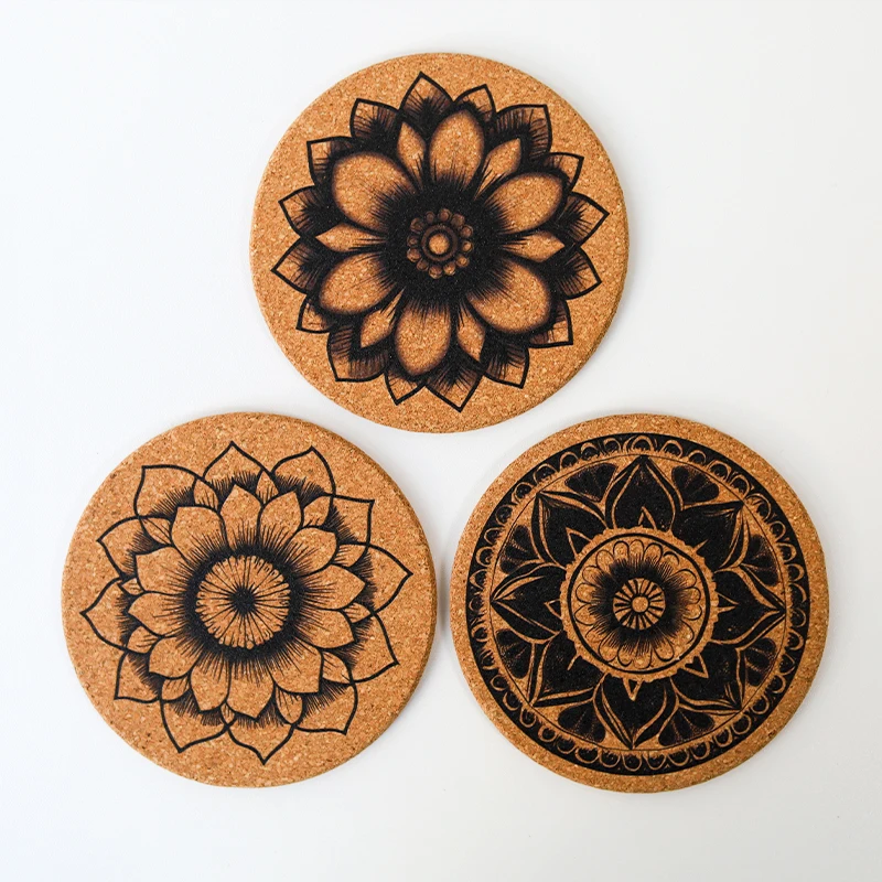 2PCS Cork Coaster Mandala Flower Non-Slip Wooden Heat Insulation Cup Mats Drink Pad Wood Accessory Kitchen Countertop Decoration