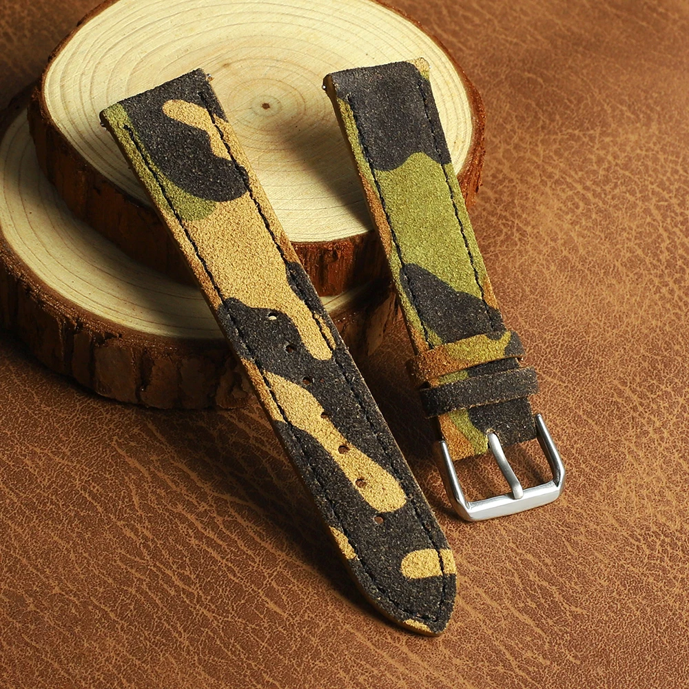 Camouflage Wildleder Leder Uhrenarmband 18mm 20mm 22mm Handgefertigte Nähte Uhrenarmband Camo Brown Ersatzarmband für Seiko