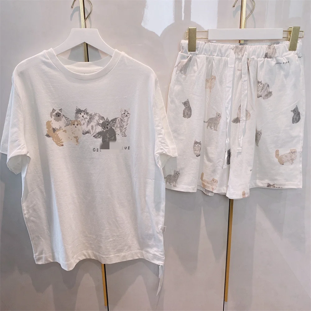 

Cute Cartoon Cotton Pajamas Set Women's Short Sleeve Short Pants Home Clothes round Neck Overhead Summer Lightweight Prin...