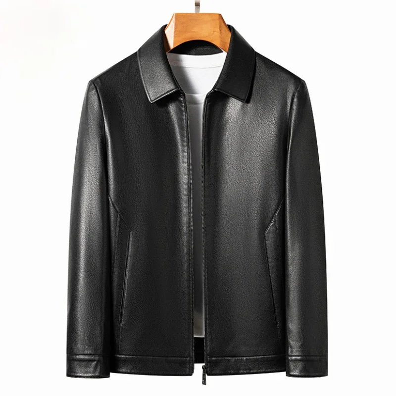 Men Ecological Leather Coat Men Fashion Polo Collar Pure Color Autumn Winter New High-End Casual Versatile Leather Jacket