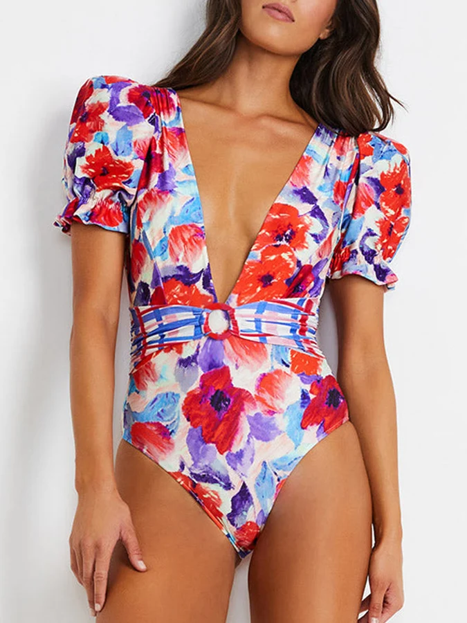 Fashion Printed V-Neck Short Bubble Sleeve Swimsuit Sexy Slim Hollow Bikini High Waist Strap Backless Swimsuit Fashion