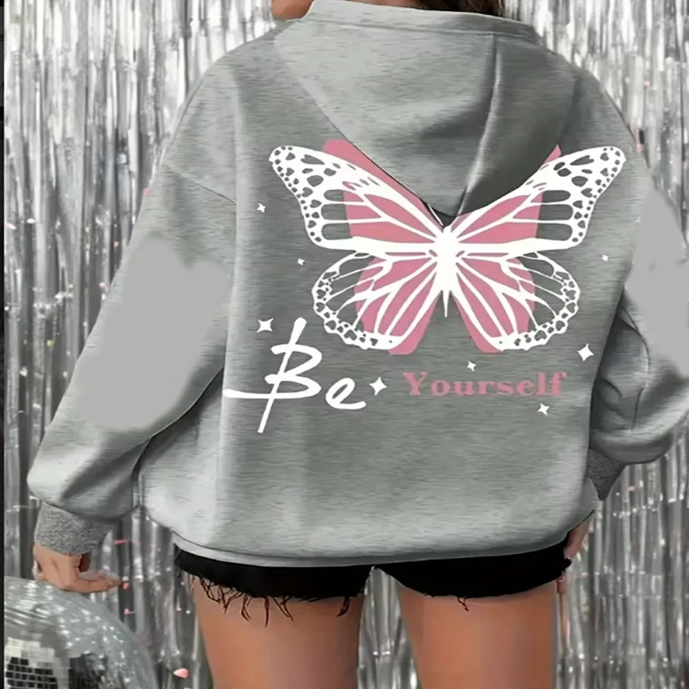 

Women's Grey Hoodie with Be Yourself Butterfly Graphic Print Oversized Fit Drawstring Hooded Sweatshirt Casual Trendy Wear