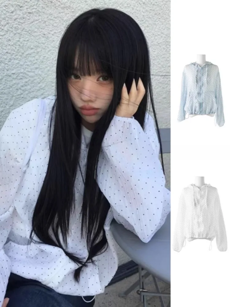 

Japanese Sle Girls Loose Polka Dot Casual Nylon Hooded Zipper Sun Protection Jaet Summer Commute Windbreaker Long Sve