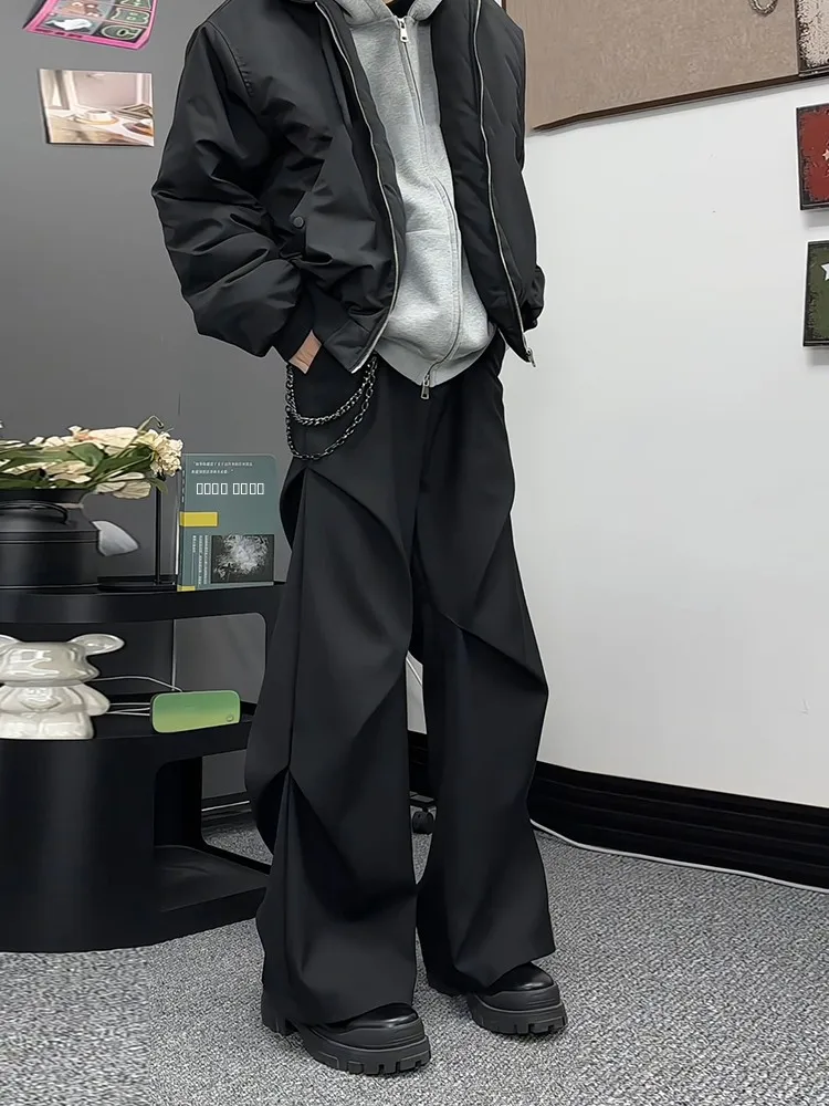 

Cleanfit Men's Autumn Winter American Sle Folded Cuff Wide Leg Pants Casual Workwear Trousers Loose Straight Cut Knife