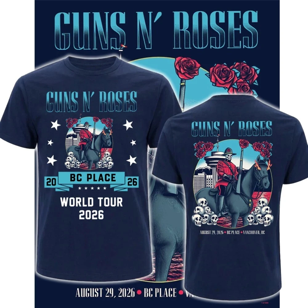 Retro Guns N' Roses 2026 World Tour T‑Shirt Men Vancouver BC Place Skull Rose Horse Graphic Double‑Sided Print Streetwear