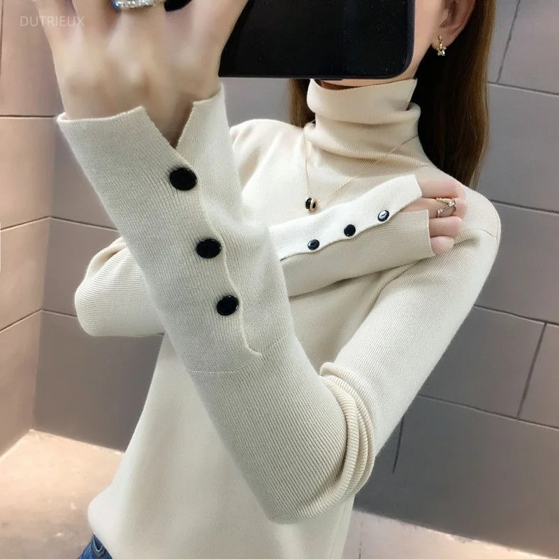 Autumn Winter Clothes Woman Sweaters Buttons Turtleneck Solid Pullovers Basics Korean Fashion Simple Pulls Femmes