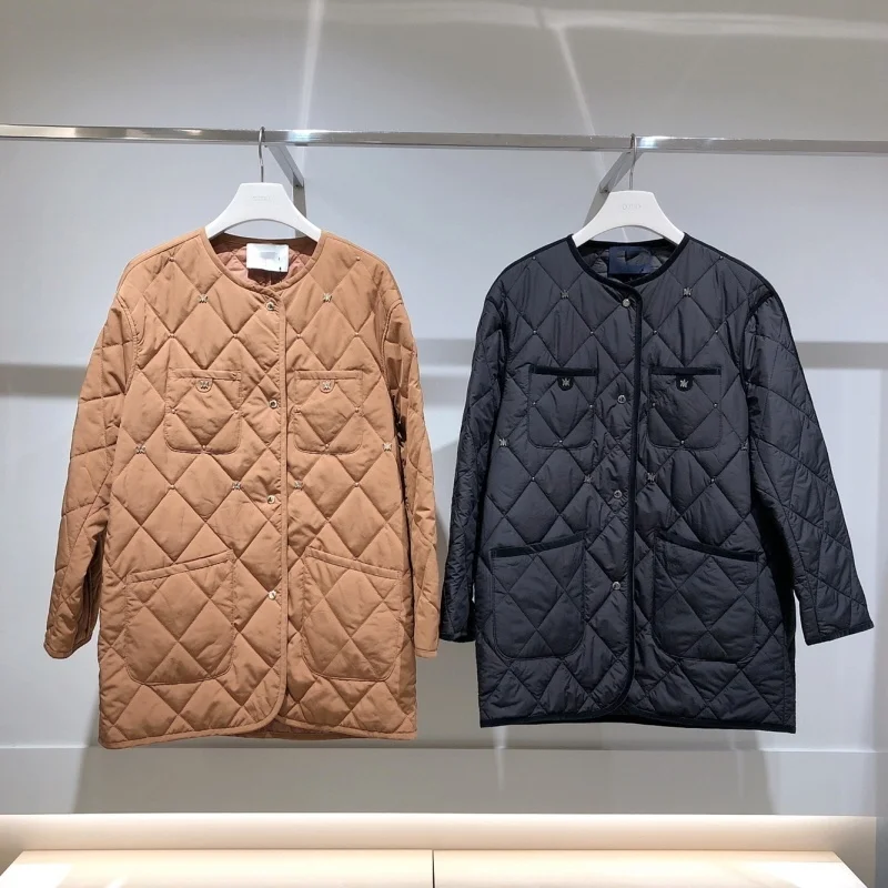 

Korean Sle Heavy Du Cotton Jaet Long Straight Patchwork ket Design round Ne Rivet Detail Autumn Faion Ladies Coat
