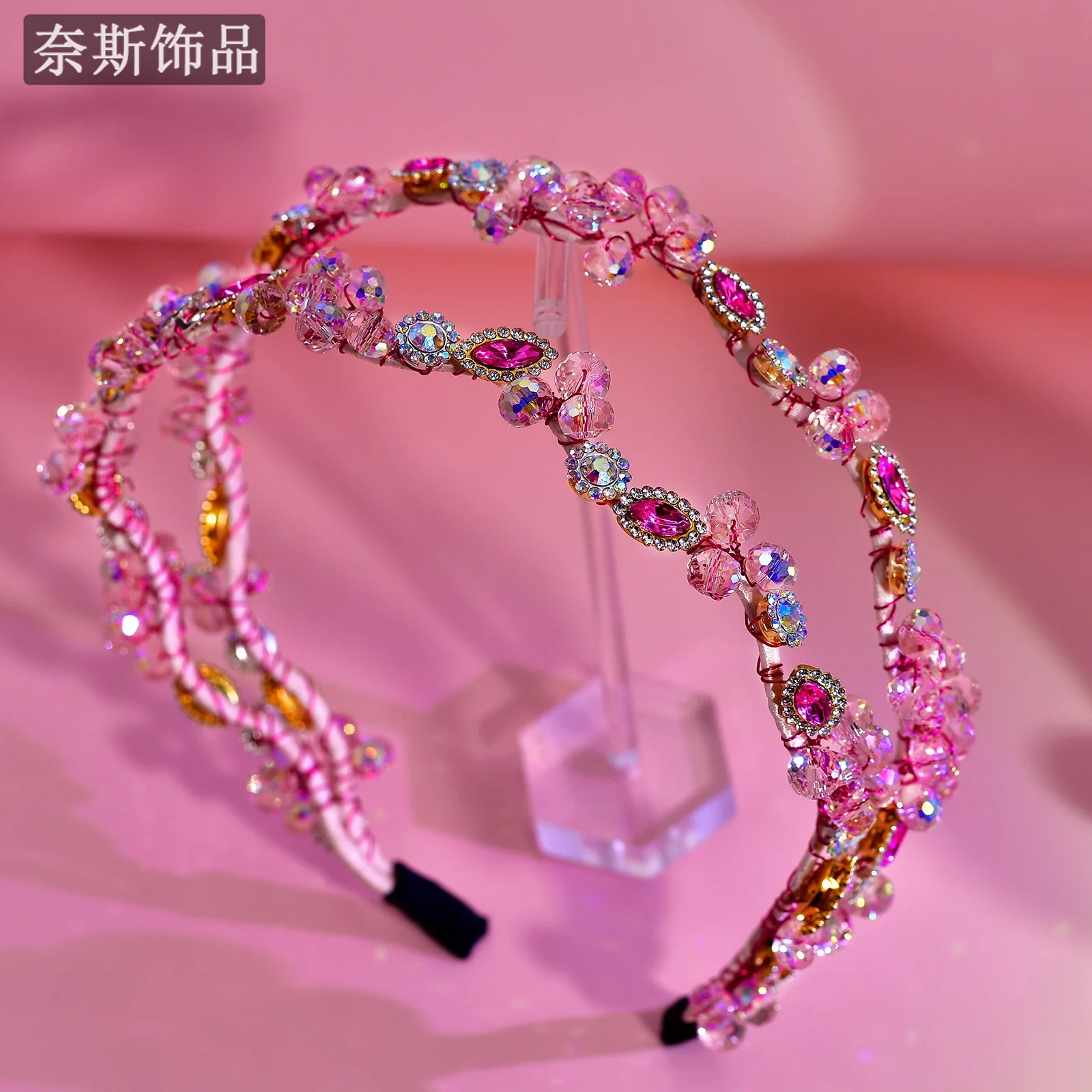 ww27 heavy industry pink headband rhinestone temperament double row exquisite fashion Korean version handmade crystal