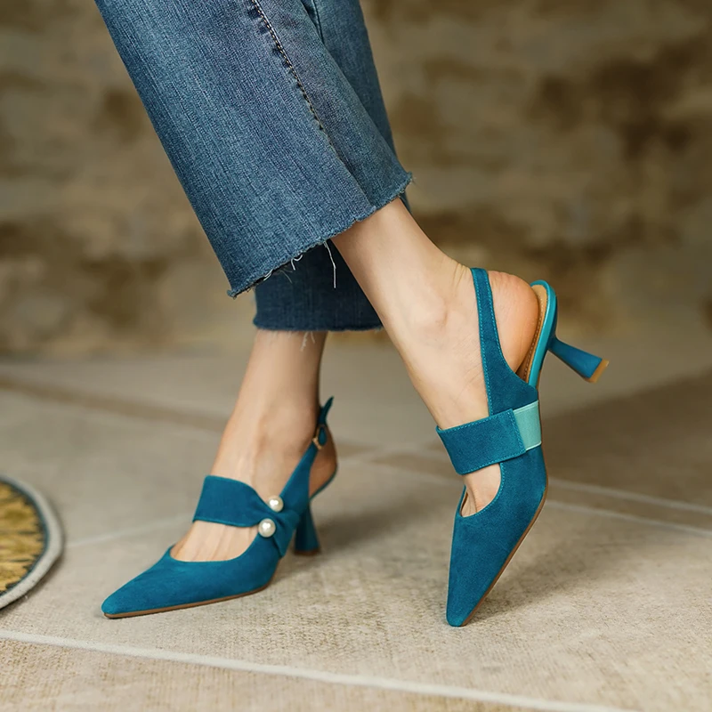 2022 New Spring Suede Leather Slingbacks Pumps Fashion Pointed Toe Shallow High Heels Buckle Strap Heels for Women Women Shoes