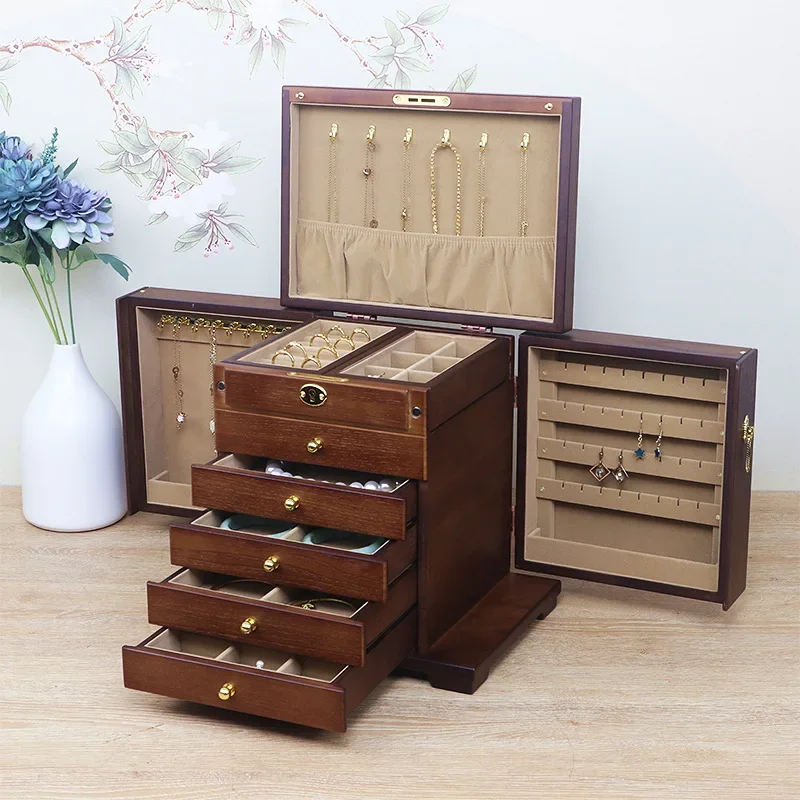 Wooden Jewelry Box Luxury Double Door Storage Boxes Large Makeup Box with Lock Security Organizer Display Ring Bracelet Holder