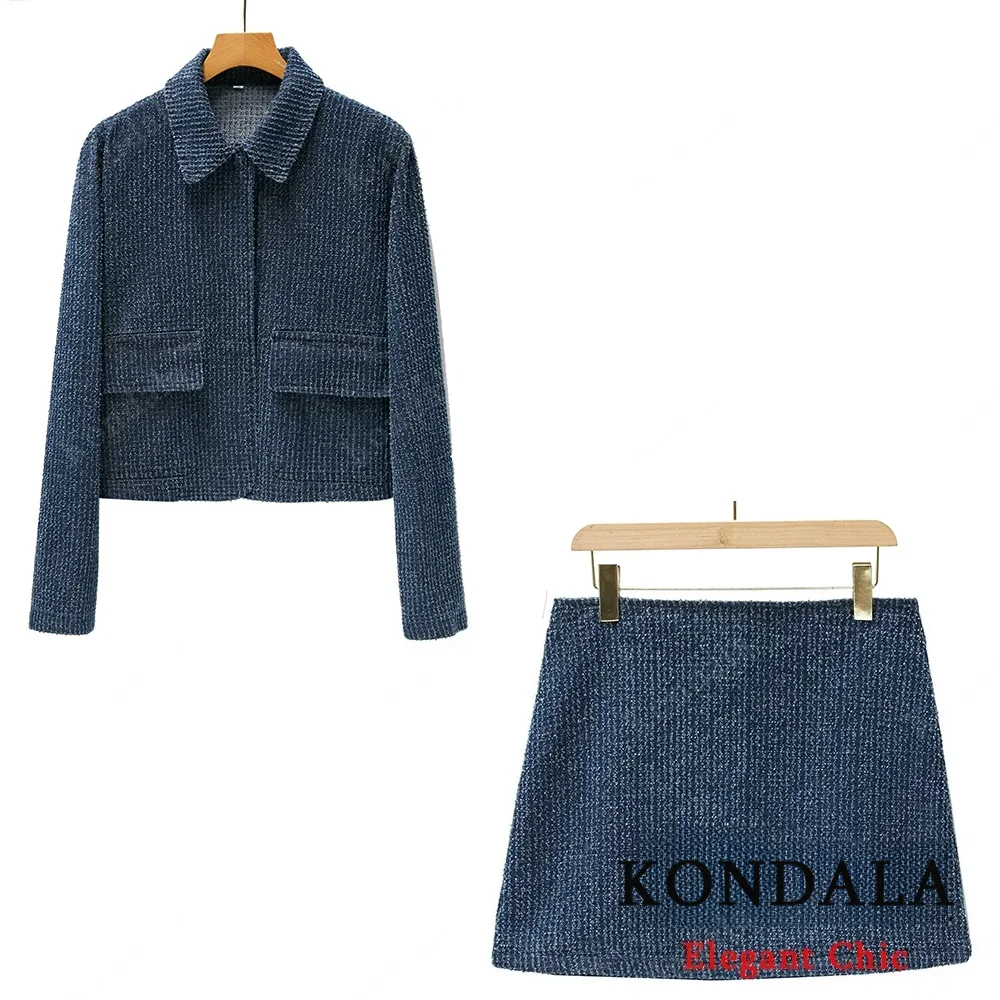 

KONDALA Women High Street Solid Skirt Set Texture Denim Laepl Jacket Mini Skirt 2025 Autumn New Fashion Holiday Commute Mujer Se