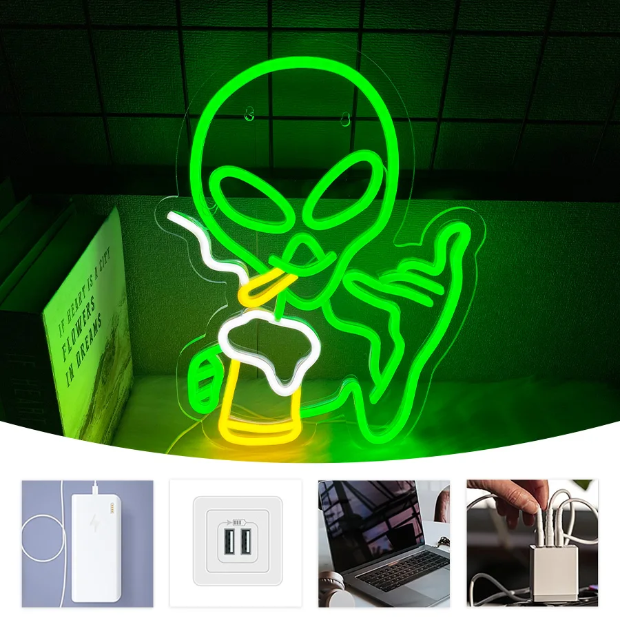 외계인 Led 네온 사인, 손에 맥주 아이콘, 바 벽 장식, USB 전원 공급 장치, 바 파티, 클럽, 맨 케이브 벽 램프에 사용됩니다.