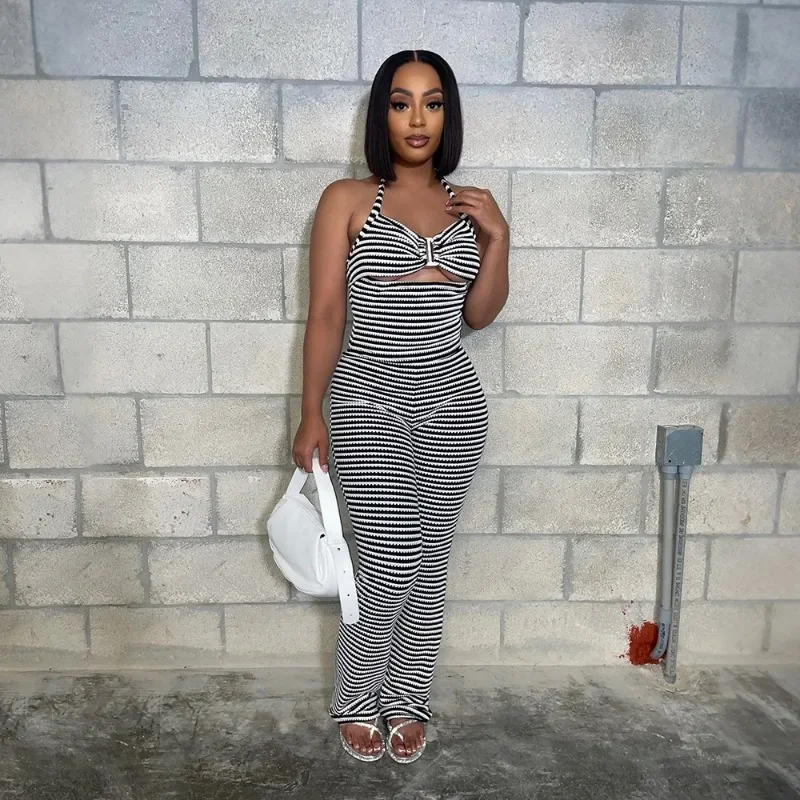 

Jacquard Striped 2 Piece Set Women Sexy Hollow Out Lace Up Halter Backless Tank Crop Tops + High Waist Pencil Pants Casual Suits