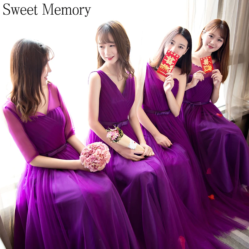 

Sweet Memory Custom Made Purple Bridesmaid Dresses Graduation Robe Prom Floor Length Lace Up Back Mesh Tulle Wedding Party Dress