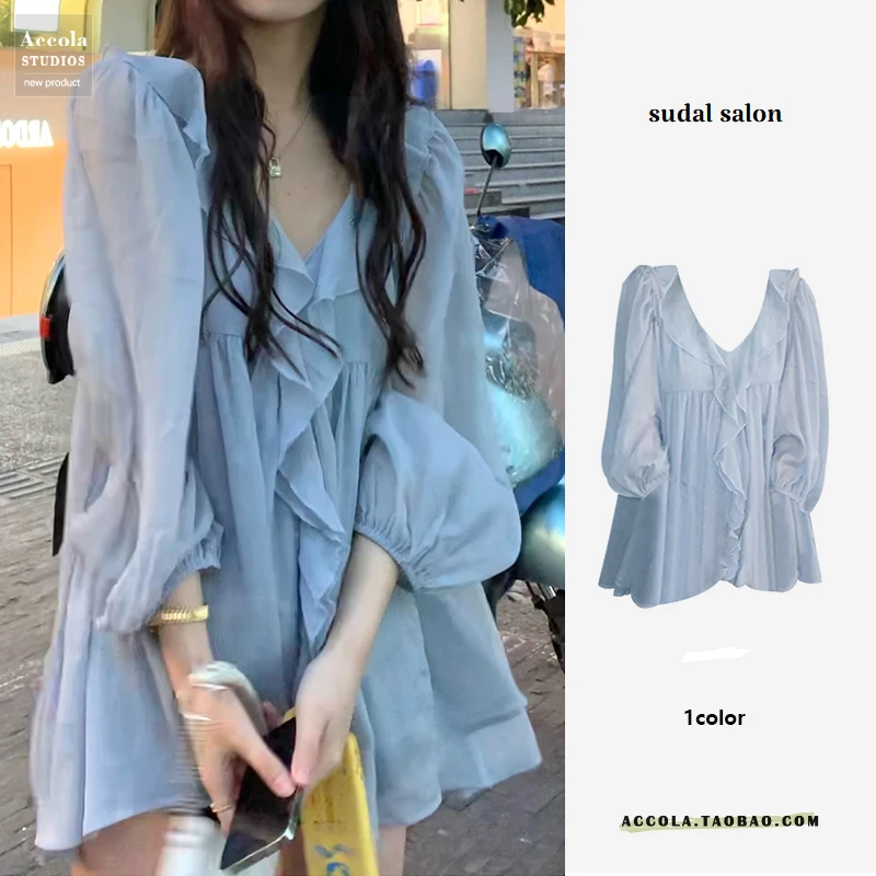 

Lace Trim Long Sve Milk Blue Women's Chiffon irt Korean Sle Pure Desire Faion Top for Early Autumn Straight Cut