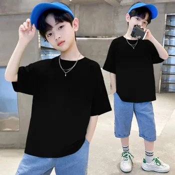 100% Cotton 180gsm Kids T-Shirt 2 100% Cotton 180gsm Fabric Children Boy Girl T shirt 2025 New Summer Women Short Sleeve T-Shirt Cute Style White Solid Color Tops 2