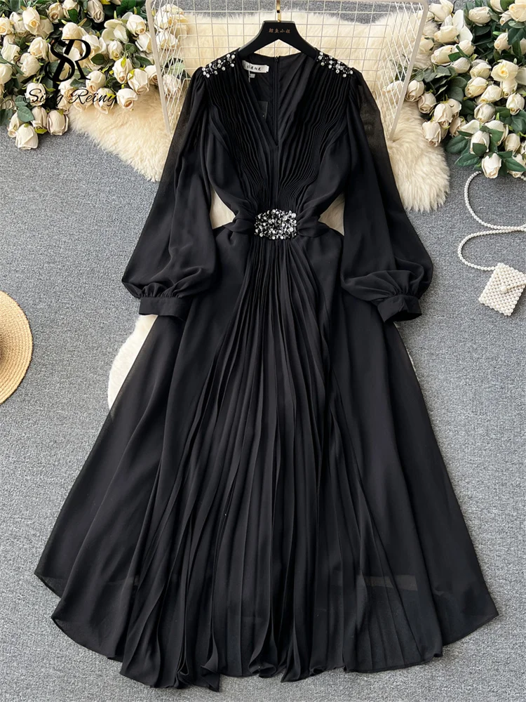 SINGREINY Vintage Senior Pleated Dress V Neck Lantern Sleeve Zipper Bow Diamonds High Quality Lady France Elegant A Line Dress