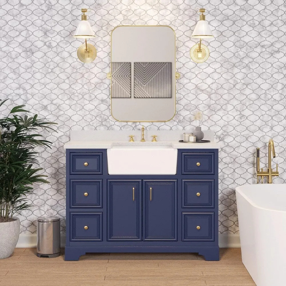 

Zelda Farmhouse Vanity Includes Royal Blue Cabinet with Stunning Quartz Countertop and White Ceramic Farmhouse Apron Sink