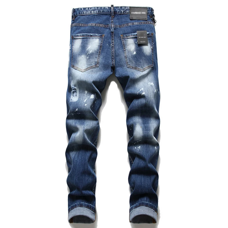 Calça Jeans de elástico com letra fina estampada masculina, tinta esfarrapada, calça apertada, jeans, starbags, DSQ, novo