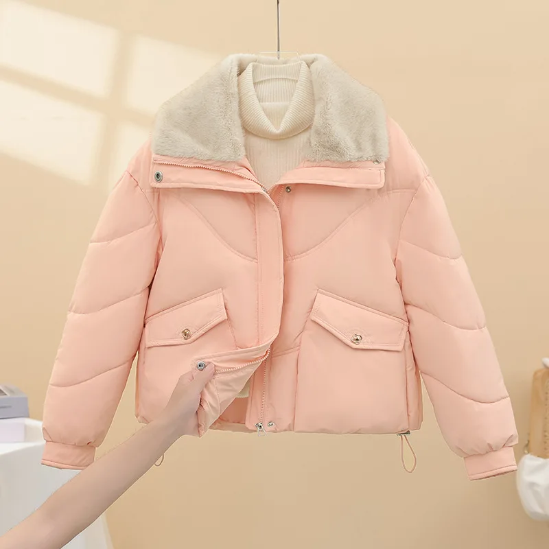 レディースゆったり暖かいショートコート クラシック冬用スタイリッシュデザイン 厚手折り返し襟パーカー トレンドポケット付きコットンジャケット