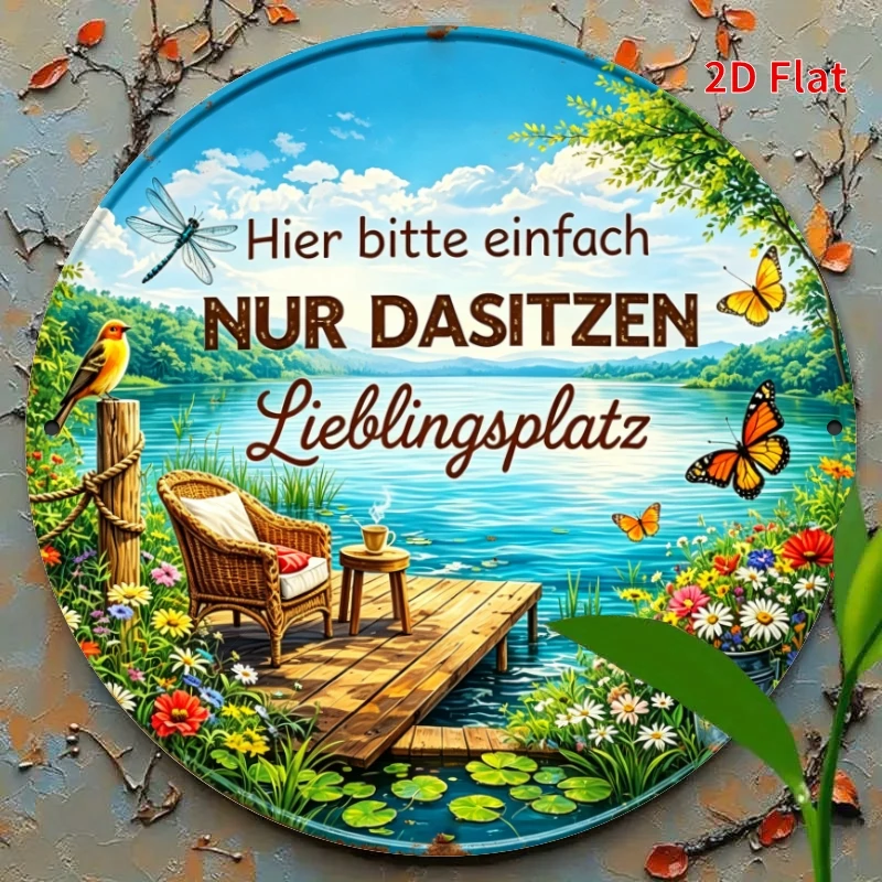 2D Flat - [2Dflat]1pc- 20X20Cm- Round Vintage Metal Tin Sign German Quote Lake Dock Wicker Chair Bird Butterfly Wildflower Lands