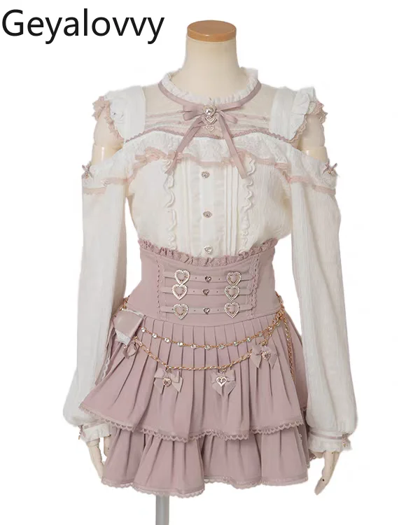 النمط الياباني الإنتاج الضخم قميص غير رسمي جديد الحلو Cutelong كم بلايز للنساء لوليتا الدانتيل المرقعة خارج الكتف بلوزة #1