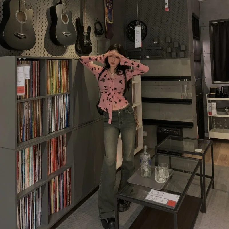 

Kimutomo женские рубашки с бабочкой и длинным рукавом, тонкие винтажные осенние новые модные тонкие однобортные топы с длинными рукавами Y2k Harajuku