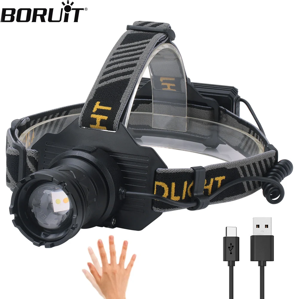 BORUiT Super Bright LED Sensor Headlamp Telescopic Zoomable Headlight 1000LM USB C Charging 18650 Head Torch with Power Display