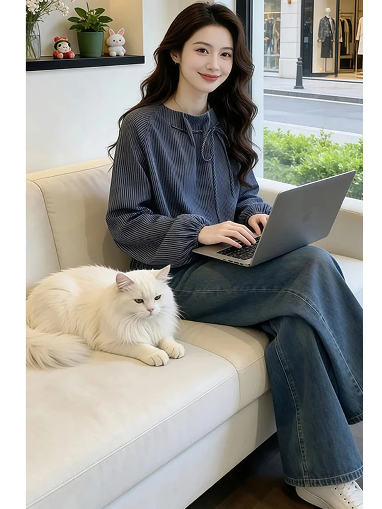 Korean Design Long Sleeve Lantern Shirt Women Casual Loose Fit Drawstring Meat Concealing Spring Autumn New Style Top