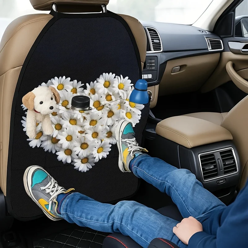 Car Seat Back Covers With Storage Pockets, Heart-Shaped White Daisy Floral Print, Romantic Style