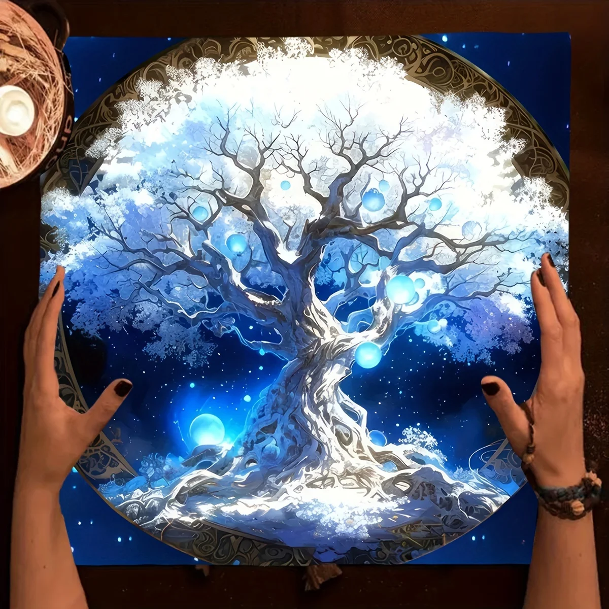 Blue Tree‑of‑Life Mandala Tarot Tablecloth, Night‑sky Tree Altar Cloth, Tarot Card Table Cover for Bedroom & Home Decor