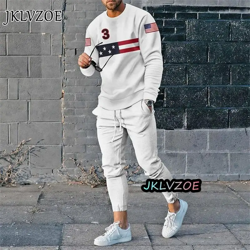 Herfst Mode Kleding 3D Print Amerikaanse Vlag Sportkleding O-hals Straat Pak Lange Mouw 2 Stuks Mannen Set Casual Joggingbroek set