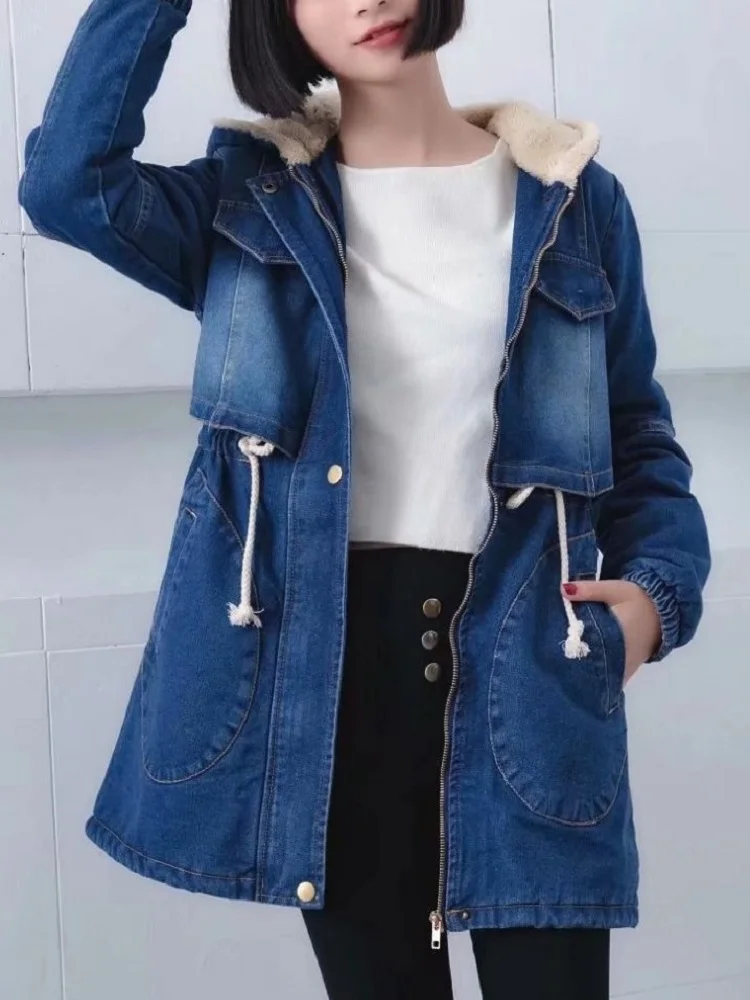 

Women's Mid-Length Hooded Denim Jacket, Lamb Cashmere Coat Thick Waistband College Style Spring and Autumn and Winter 2023