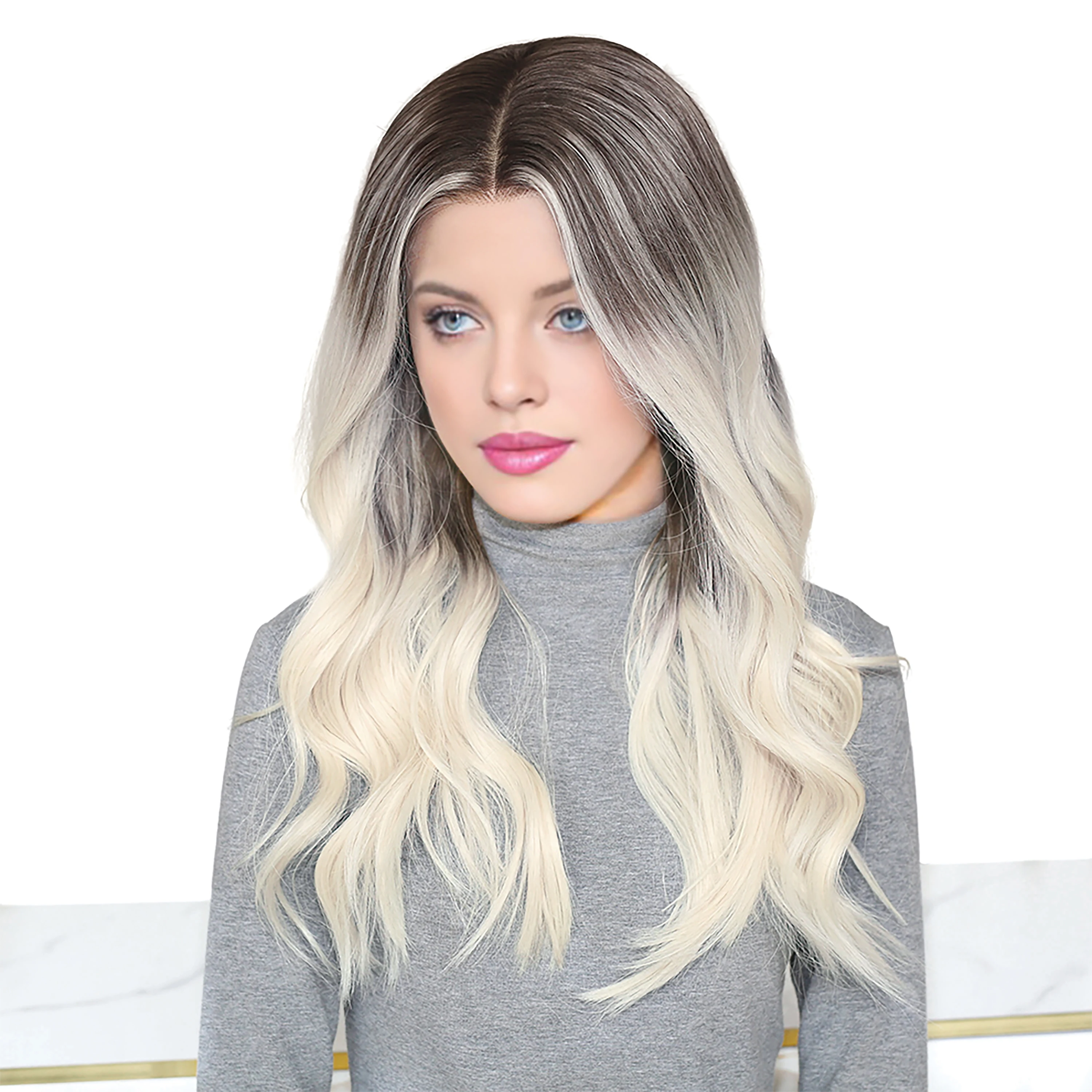 Wavy Lace Front & Top Wig Silver Blonde with Charcoal Brown Hand Painted Glueless Human Hair Balayage Ombre Wig