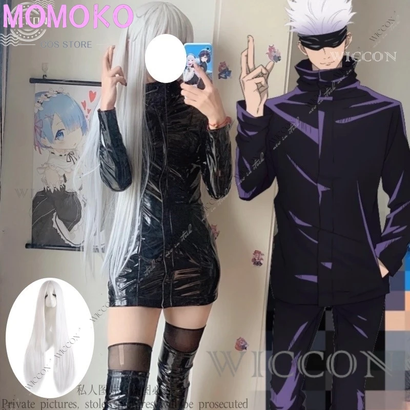 Gojo Satoru Cosplay Costume com Peruca para Mulheres, Terno Preto, Anime Halloween, Vestido de Festa, Meias, Sexy, Troca de Papéis, Genderswap