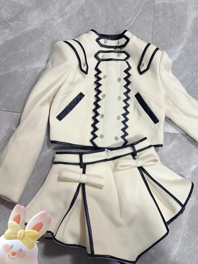 Commuter Fashion White Suit Women Autumn Winter New High Quality Short Woolen Jacket Top+Pantskirt Elegant Hot Girl 2-Piece Set