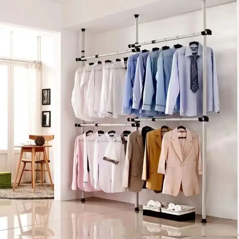Floor to Ceiling Clothes Rack NoDrill Adjustable WardrobeOrganizerTension Mounted Garment Rack Shape Space Saving Home Furniture